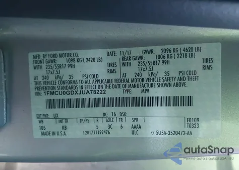 2018 Ford Escape Se из США, поврежденный, VIN 1FMCU0GDXJUA78222